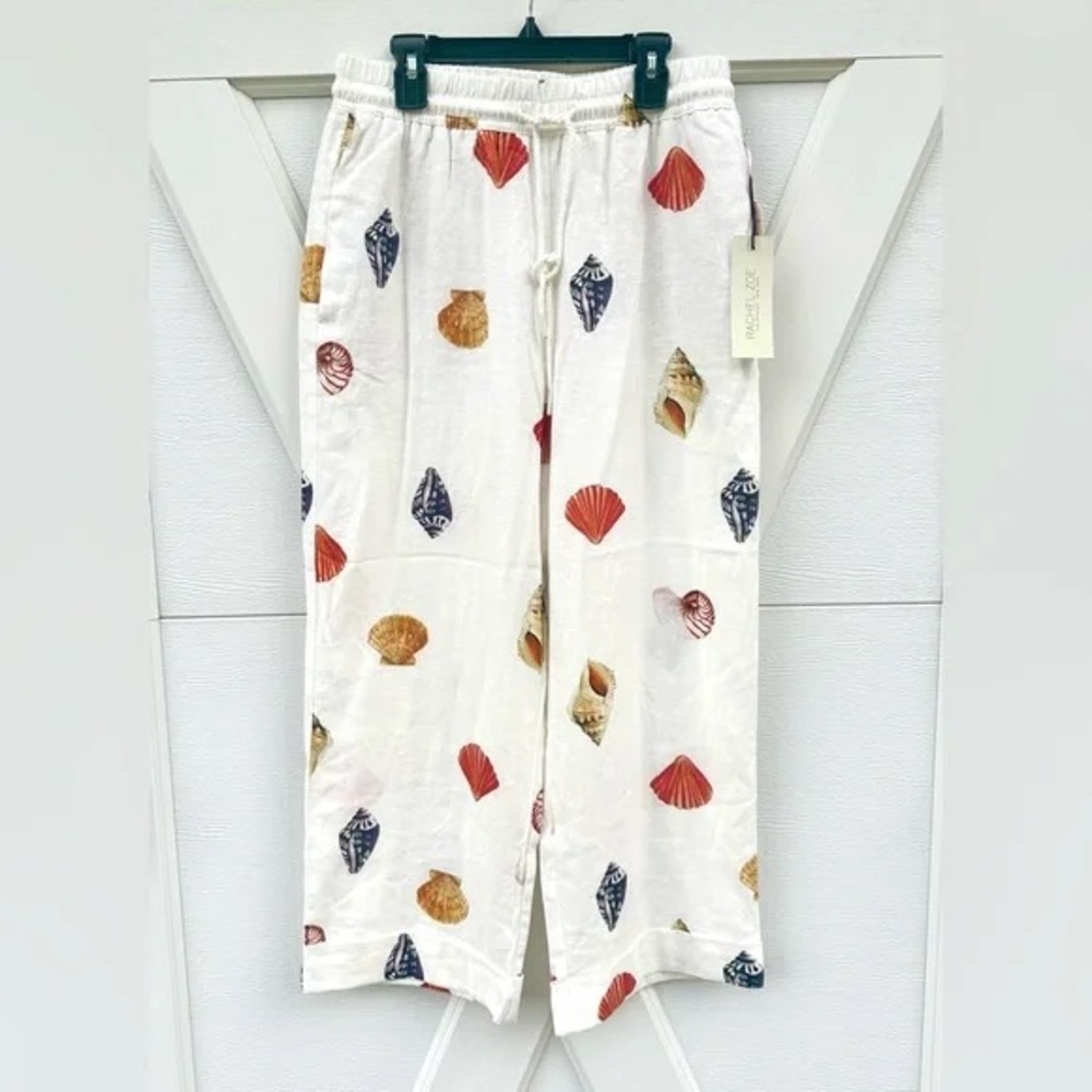 Rachel Zoe Seashell Crop Pants Drawstring Waist Linen size S resortwear coastal - Picture 1 of 5